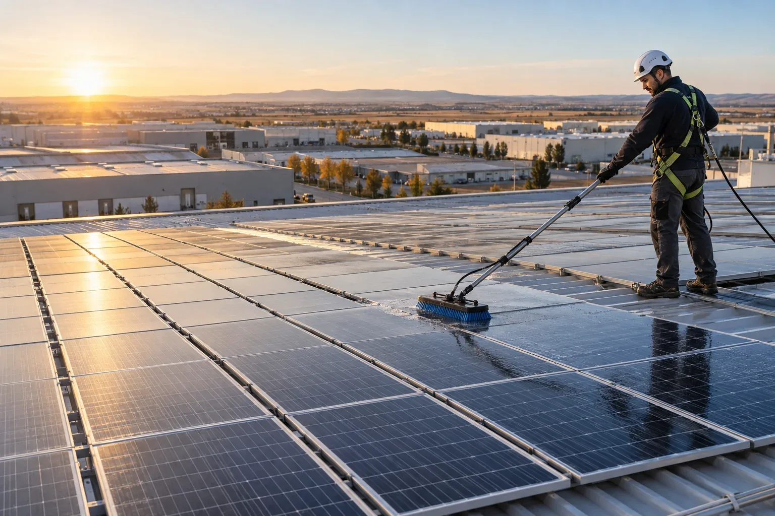 Limpieza de paneles solares en una cubierta representativa de Alcalá de Henares