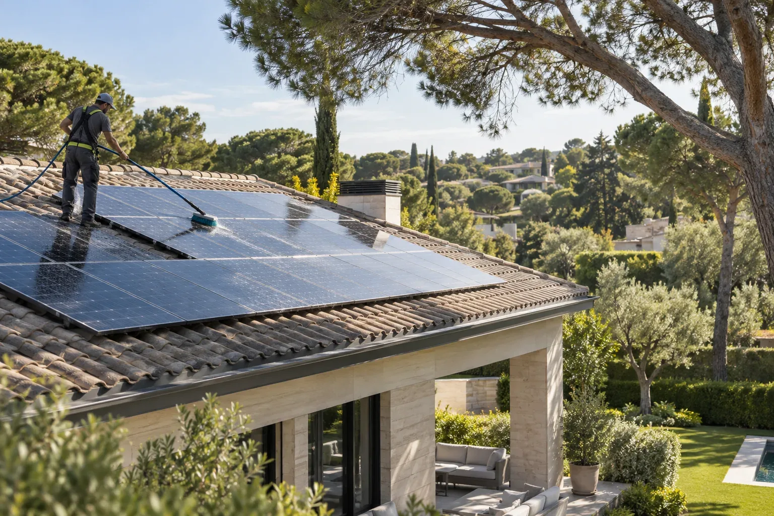 Limpieza de paneles solares en una cubierta representativa de Alcobendas