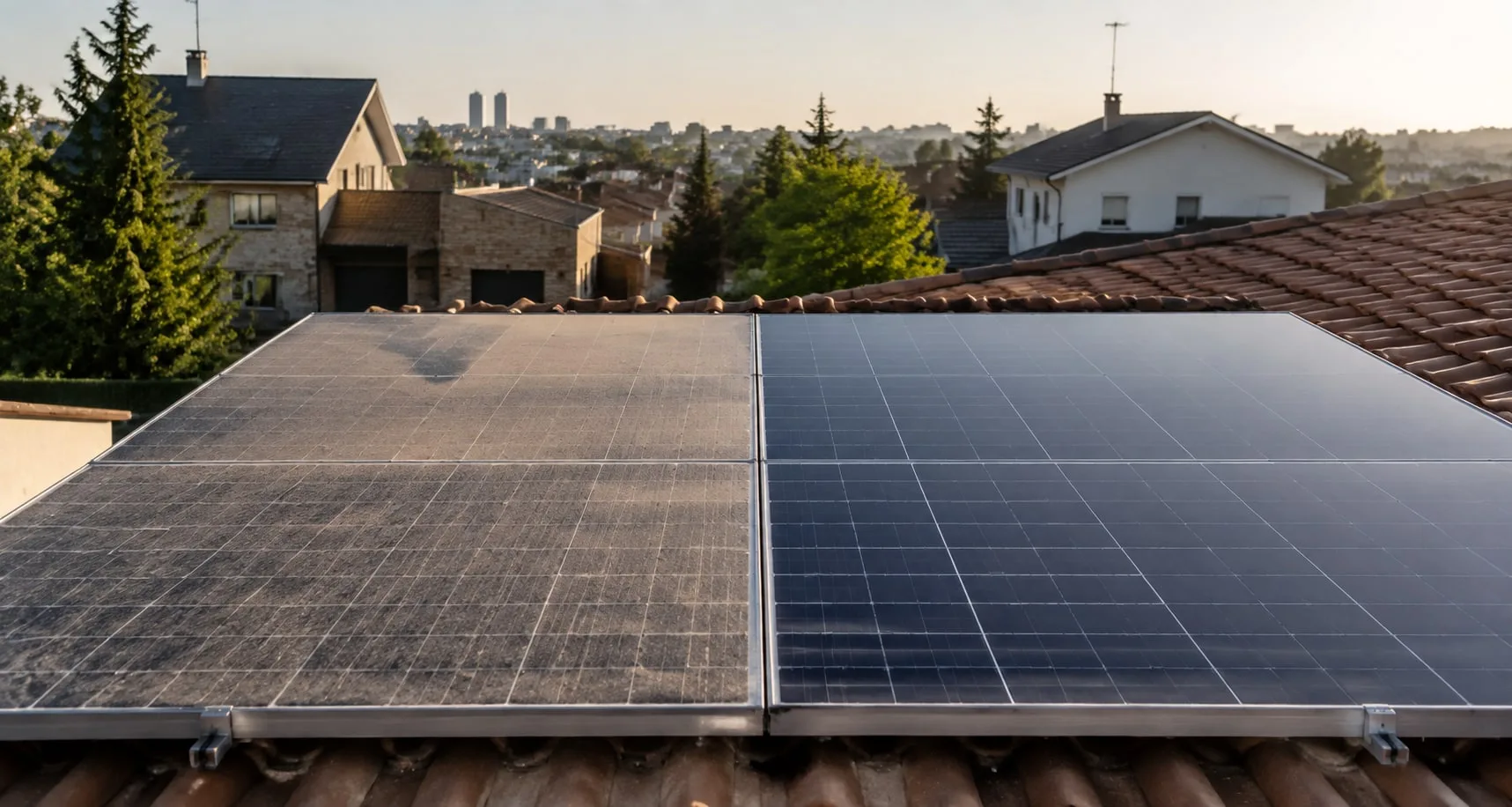 Dos paneles solares contiguos, uno cubierto de polvo y otro limpio