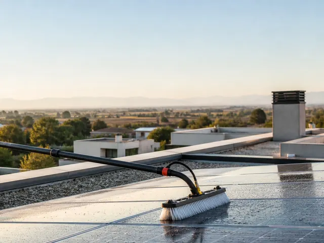Técnico limpiando placas solares con una pértiga