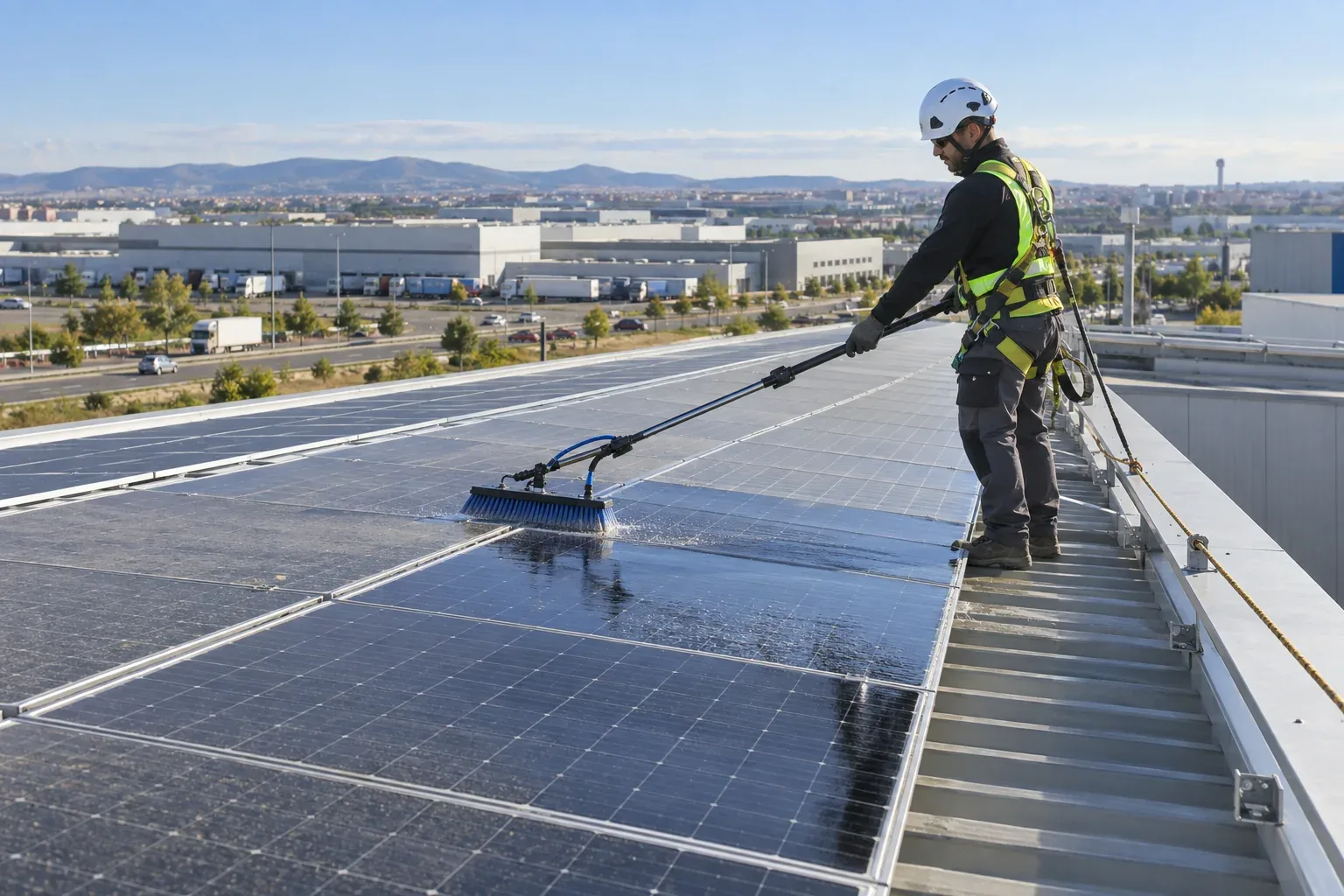 Limpieza de paneles solares en una cubierta representativa de Getafe