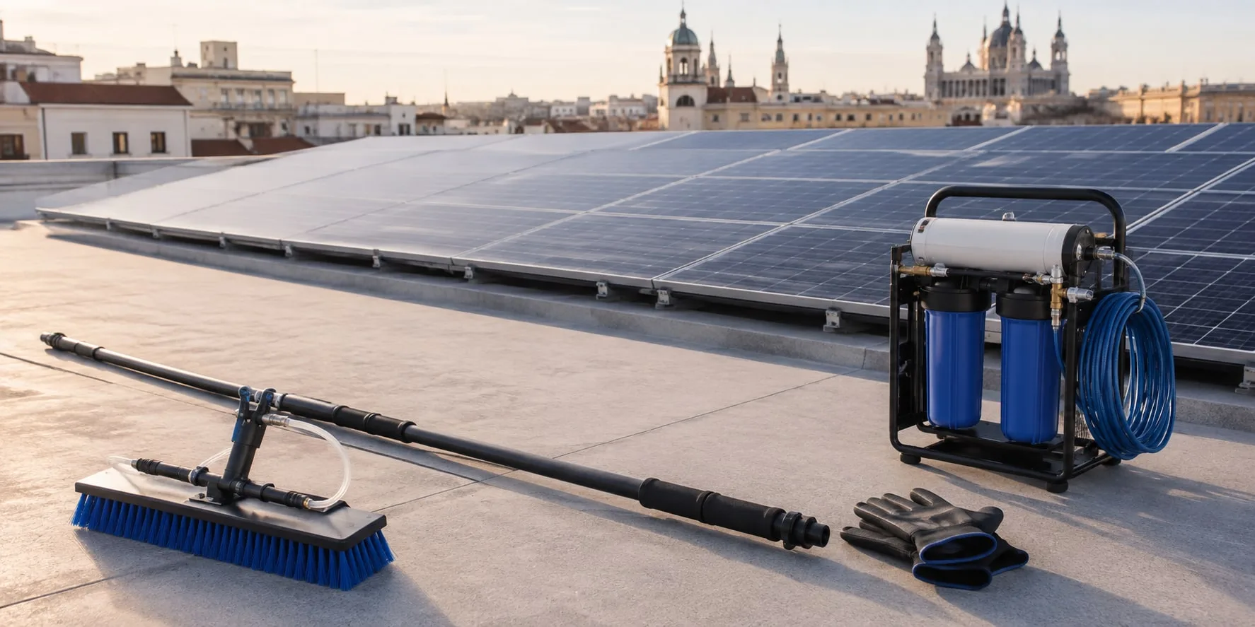 Cepillo, pértiga y equipo portátil de agua pura junto a una instalación fotovoltaica