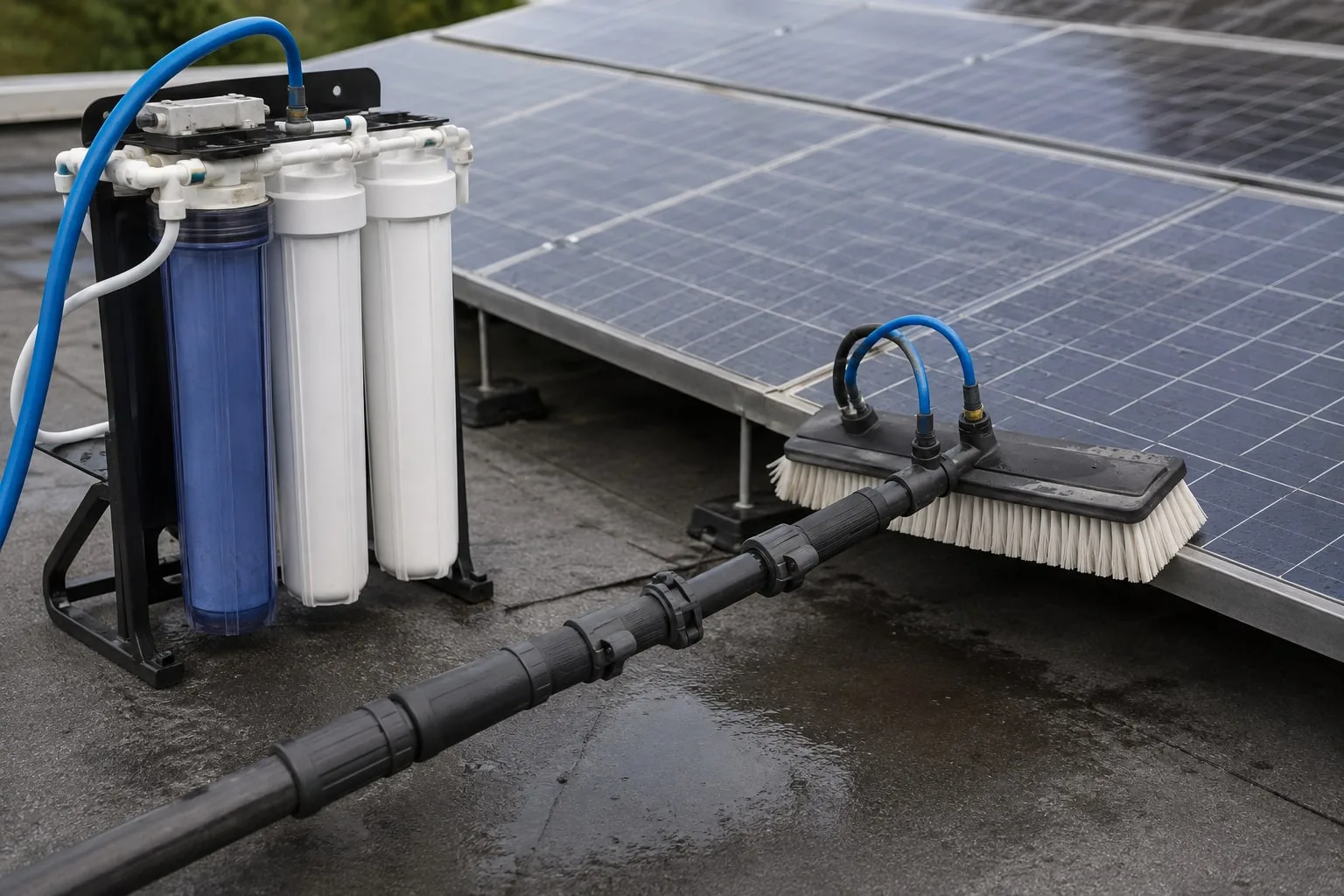 Detalle de una pértiga con cepillo blando y un equipo de filtración de agua