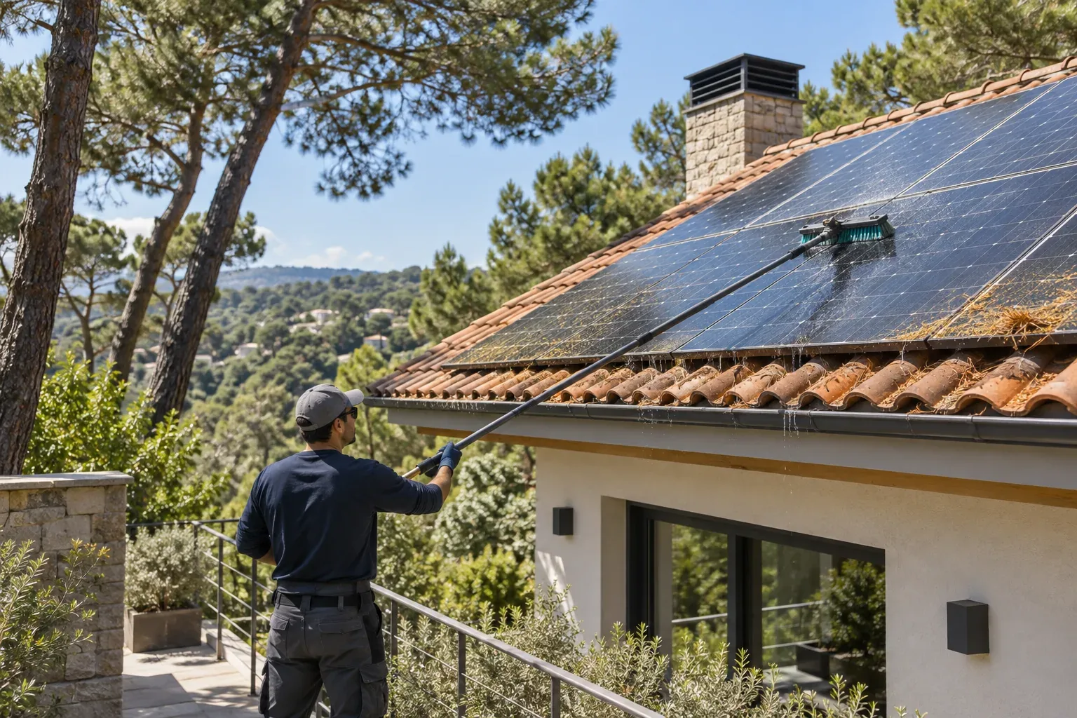 Limpieza de paneles solares en una cubierta representativa de Las Rozas de Madrid