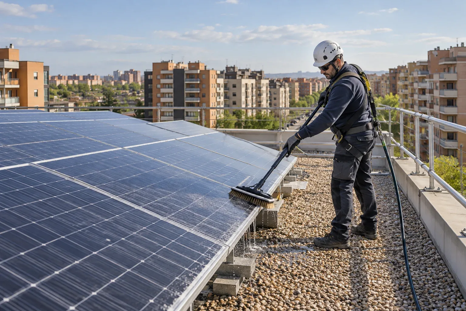 Limpieza de paneles solares en una cubierta representativa de Móstoles