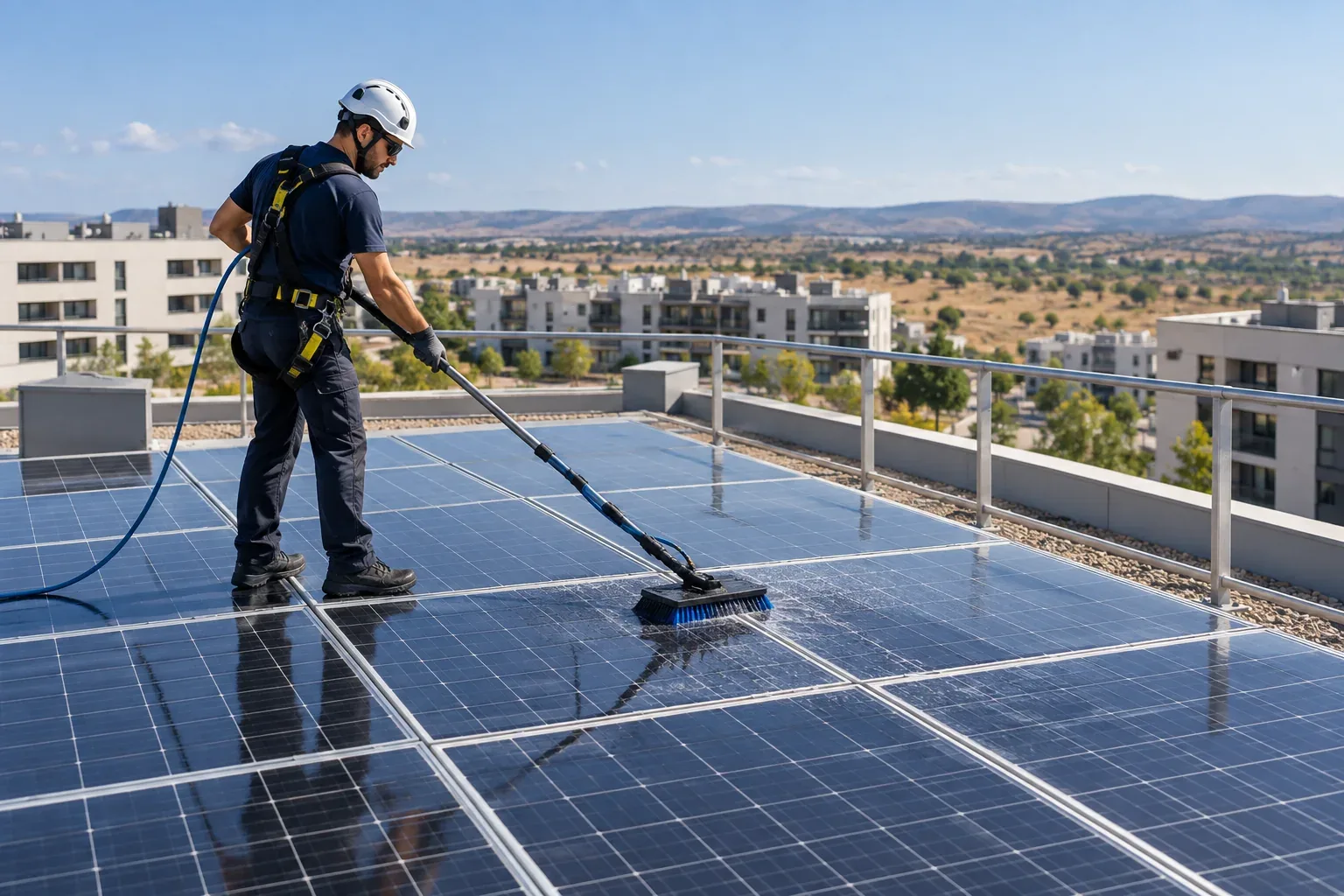 Limpieza de paneles solares en una cubierta representativa de Rivas-Vaciamadrid